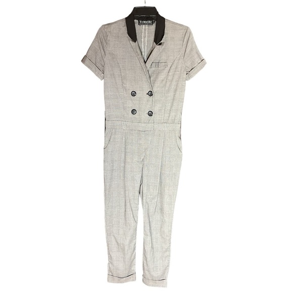 Yi Mei Er Pants - Vintage Yi Mei Er Short Sleeve Jumpsuit Office Black Gray Plaid Size Small
